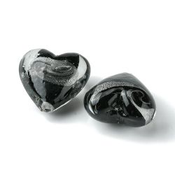 Lampwork, Glaspärlor, Hjärtan, 5st, Silver Foil, Black