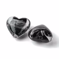 Lampwork, Glaspärlor, Hjärtan, 5st, Silver Foil, Black