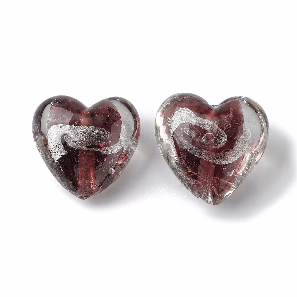 Lampwork, Glaspärlor, Hjärtan, 5st, Silver Foil, Coconut Brown
