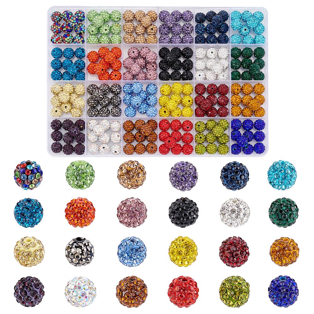 240 Strasspärlor i 24 Färger - 10mm, Hål 1,5mm