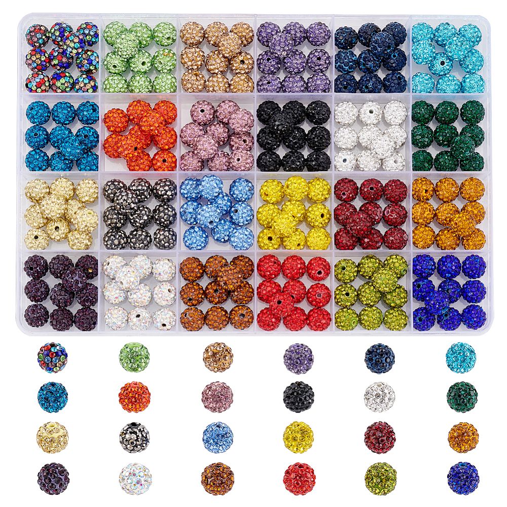240 Strasspärlor i 24 Färger - 10mm, Hål 1,5mm