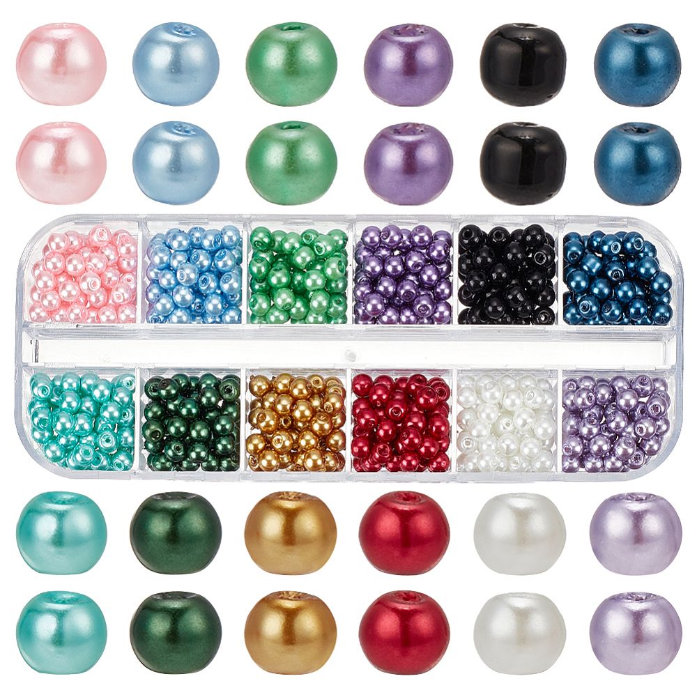 Glaspärlor, 4-5mm, 480-600st, 12 olika färger