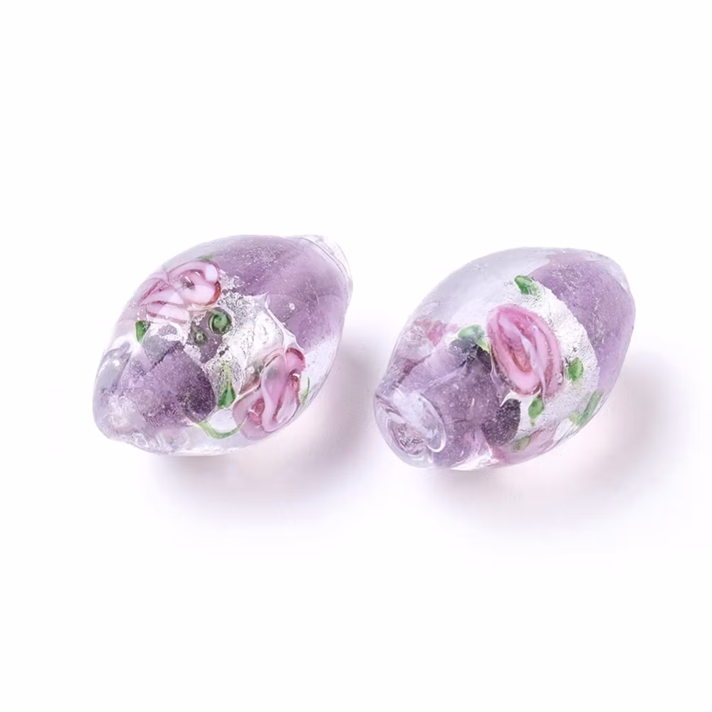 Lampwork, Glaspärlor, Silverfoil, 5st, Oval med Blomma, Medium Purple