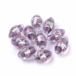 Lampwork, Glaspärlor, Silverfoil, 5st, Oval med Blomma, Medium Purple