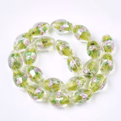 Lampwork, Glaspärlor, Silverfoil, 5st, Oval med Blomma, Green Yellow