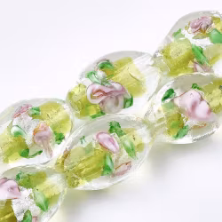 Lampwork, Glaspärlor, Silverfoil, 5st, Oval med Blomma, Green Yellow