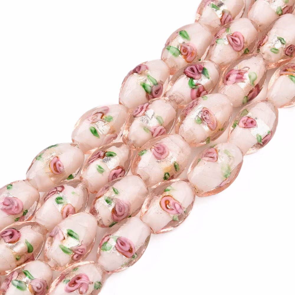 Lampwork, Glaspärlor, Silverfoil, 5st, Oval med Blomma, Pink