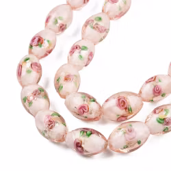 Lampwork, Glaspärlor, Silverfoil, 5st, Oval med Blomma, Pink