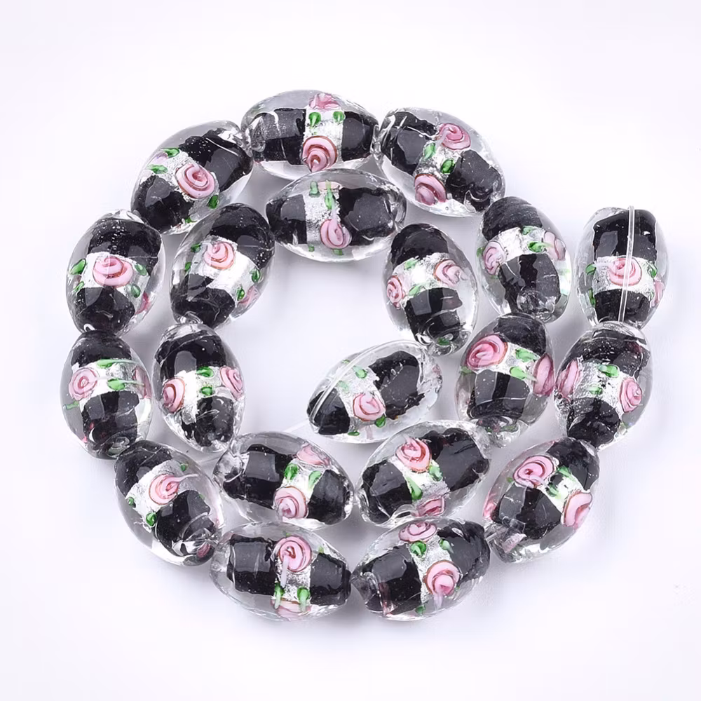 Lampwork, Glaspärlor, Silverfoil, 5st, Oval med Blomma, Black
