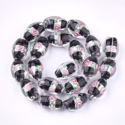 Lampwork, Glaspärlor, Silverfoil, 5st, Oval med Blomma, Black