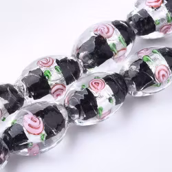 Lampwork, Glaspärlor, Silverfoil, 5st, Oval med Blomma, Black