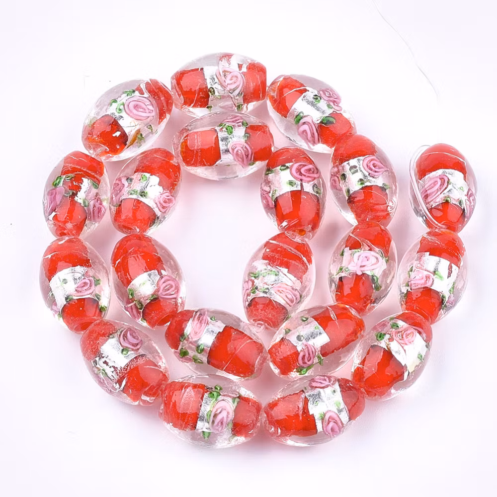 Lampwork, Glaspärlor, Silverfoil, 5st, Oval med Blomma, Red