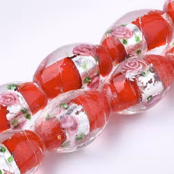 Lampwork, Glaspärlor, Silverfoil, 5st, Oval med Blomma, Red