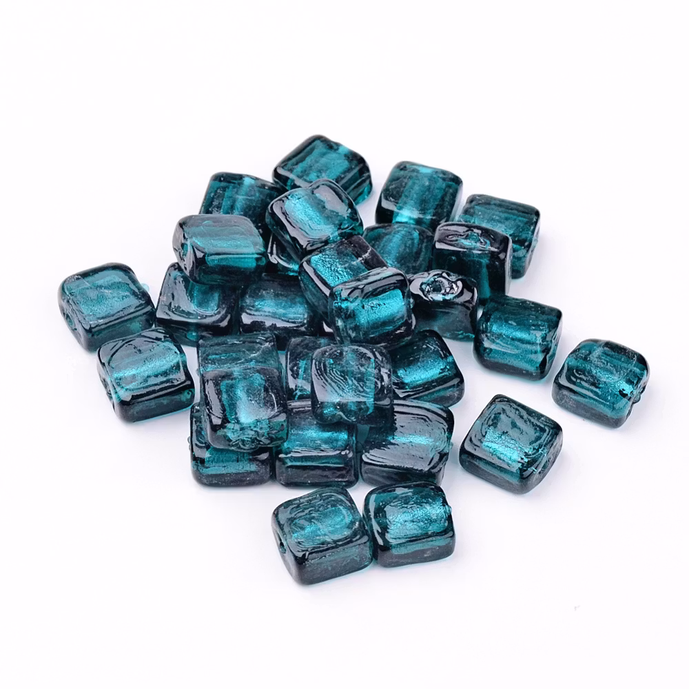 Lampwork, Glaspärlor, Silverfoil, 20 st, Square, Teal