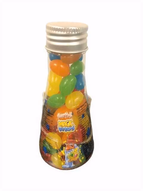 En flaska med jelly beans.