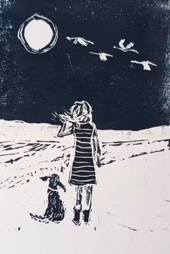 "Flickan och hunden" - tryck från träsnitt