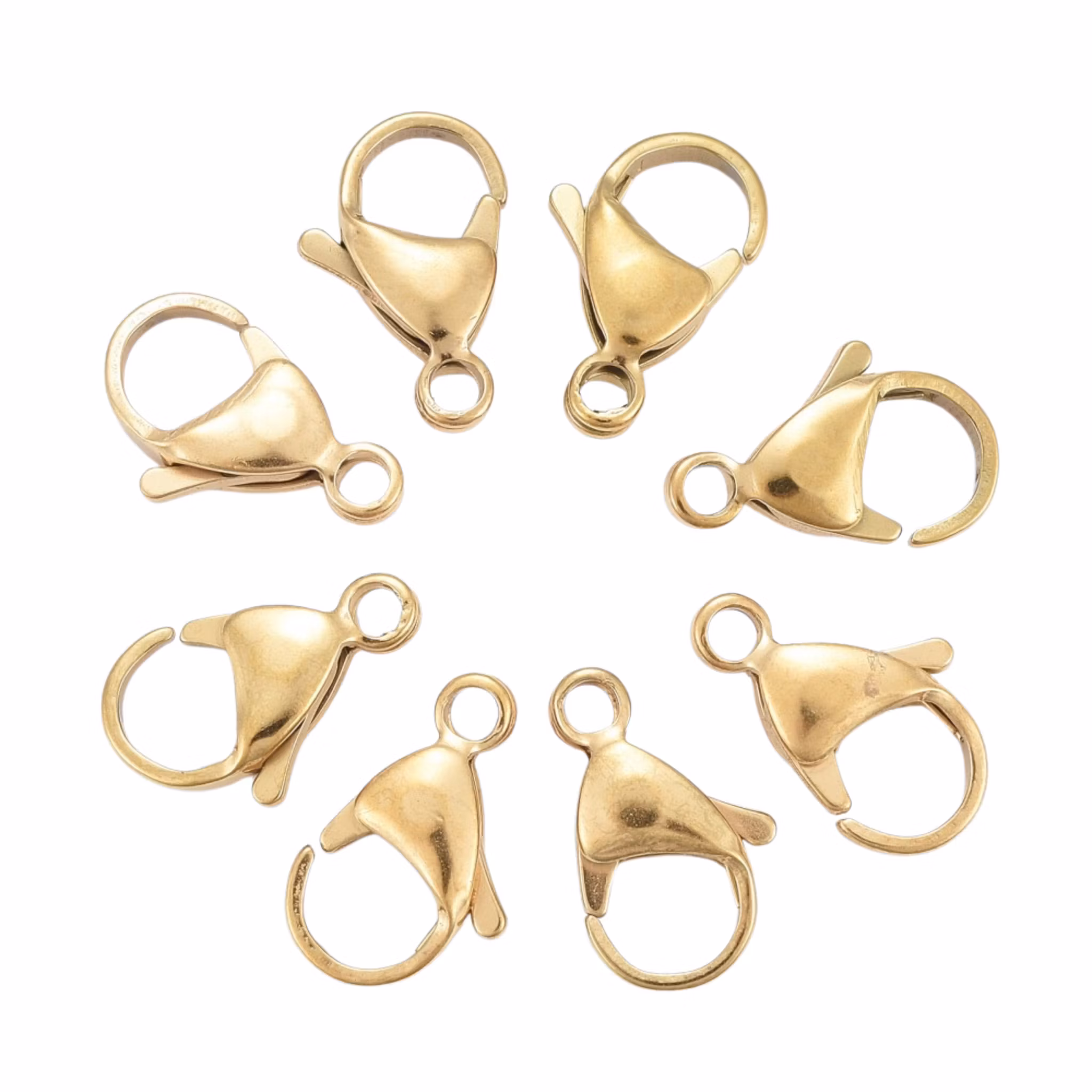 Guldfärgat kirurgiskt stål klolås 10 mm med PVD plätering, ca 100 st