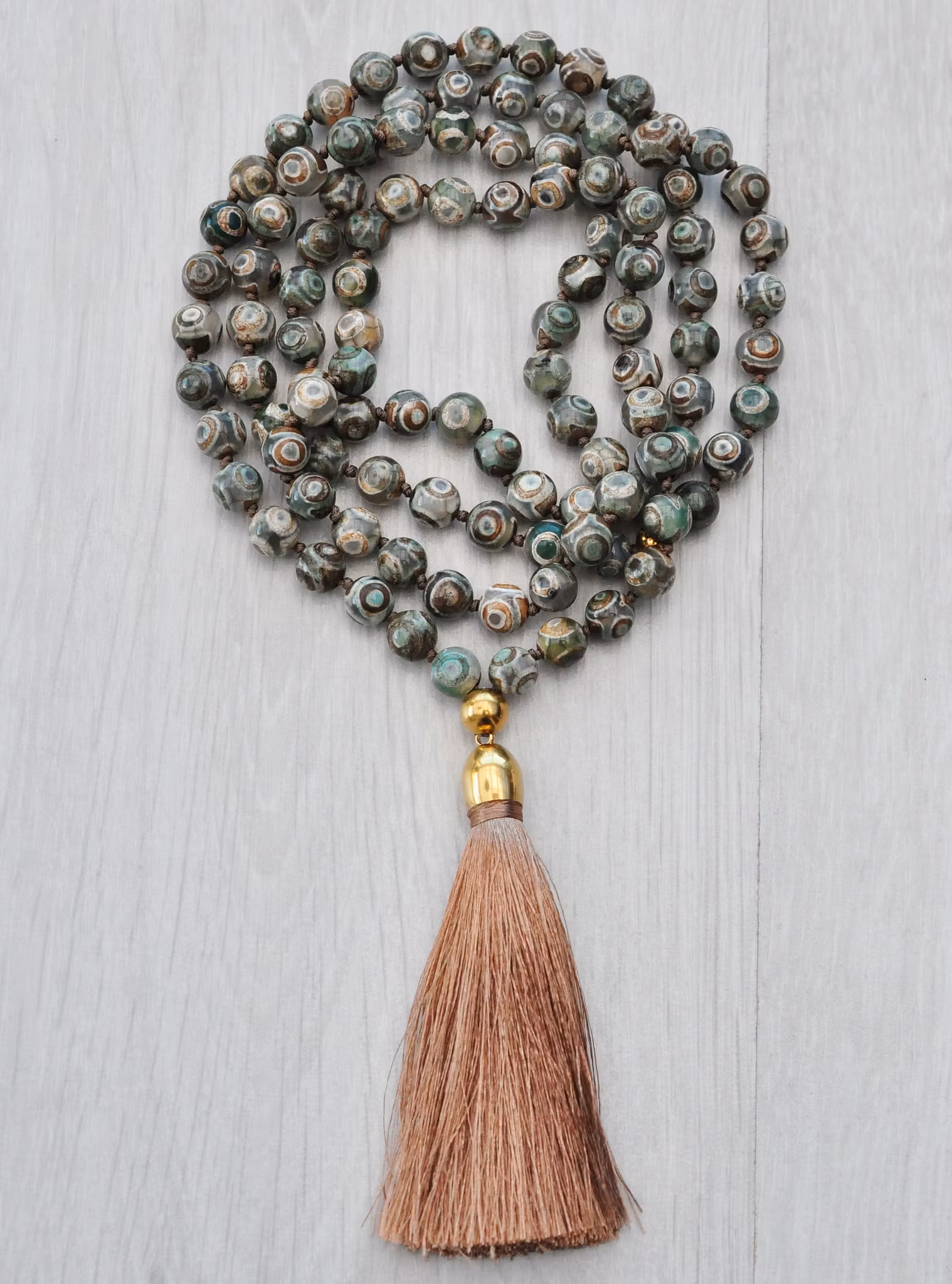 Tibetansk halvädelsten Dzi grön & brun 6 mm, 1 sträng