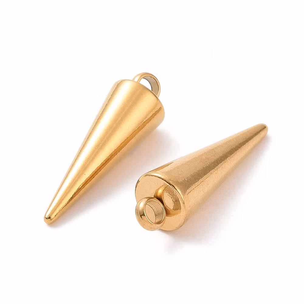 Gold-colored stainless steel charm spike/cone with PVD plating, 1 pc.