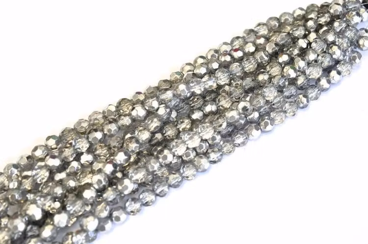 Facetterade glaspärlor 6 mm silver/glas, 1 sträng