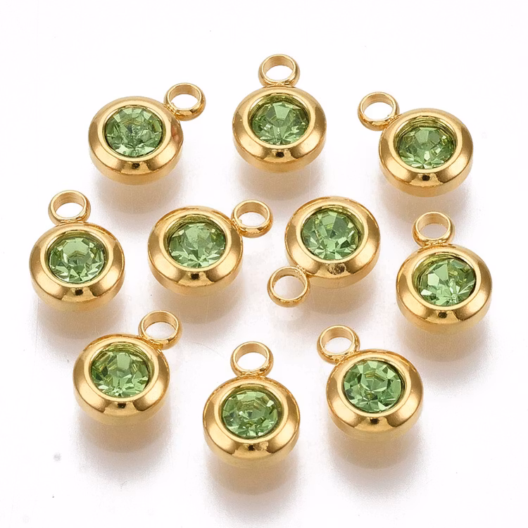 Guldfärgat rostfritt stål berlock, liten ljusgrön, 1 st