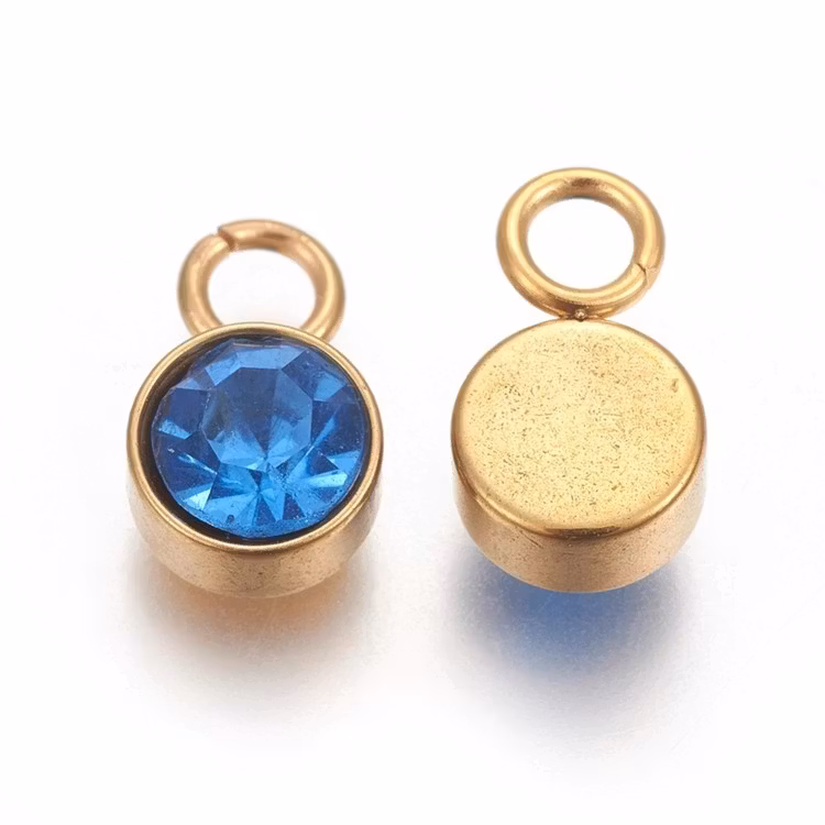 Guldfärgat rostfritt stål berlock blå med PVD plätering, 1 st