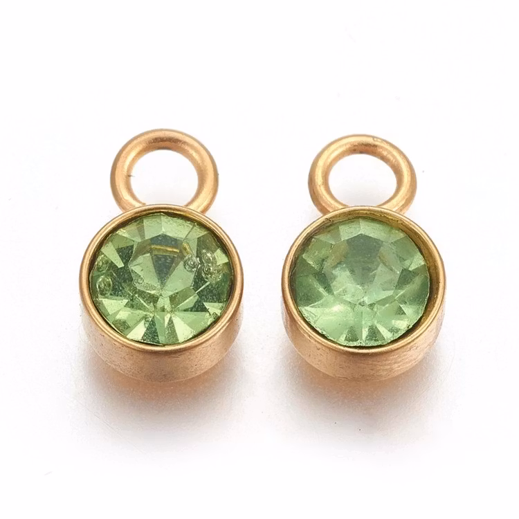 Guldfärgat rostfritt stål berlock ljusgrön med PVD plätering, 1 st