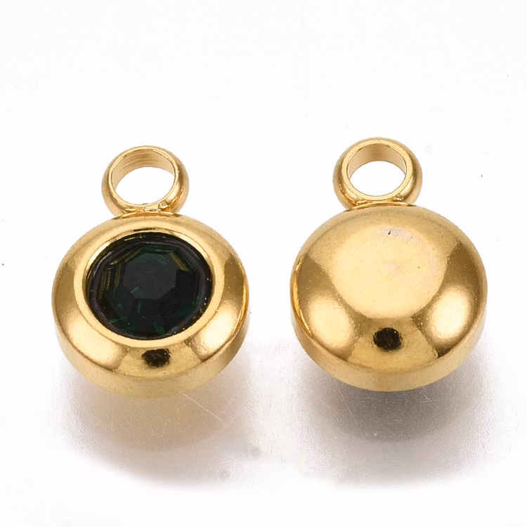 Guldfärgat rostfritt stål berlock liten mörkgrön, 1 st