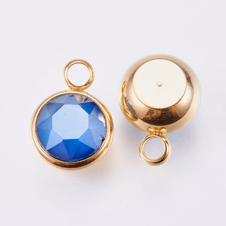 Guldfärgat rostfritt stål stor berlock blå med PVD plätering, 1 st