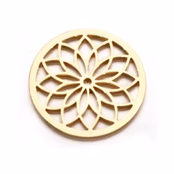 Guldfärgat rostfritt stål runt hänge blomma med PVD plätering, 1 st