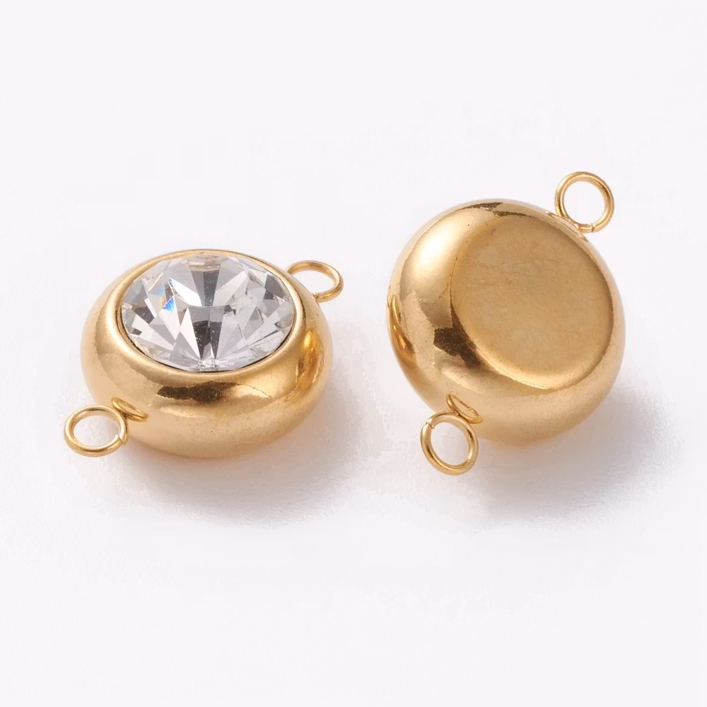 Guldfärgat rostfritt stål stor connector med cubic zirconia, 1 st