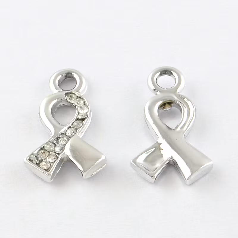 Antikfärgade berlocker rosa bandet med strass, 10 st