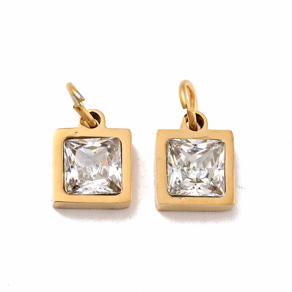 Guldfärgat rostfritt stål hänge fyrkant med cubic zirconia med PVD plätering, 1 st