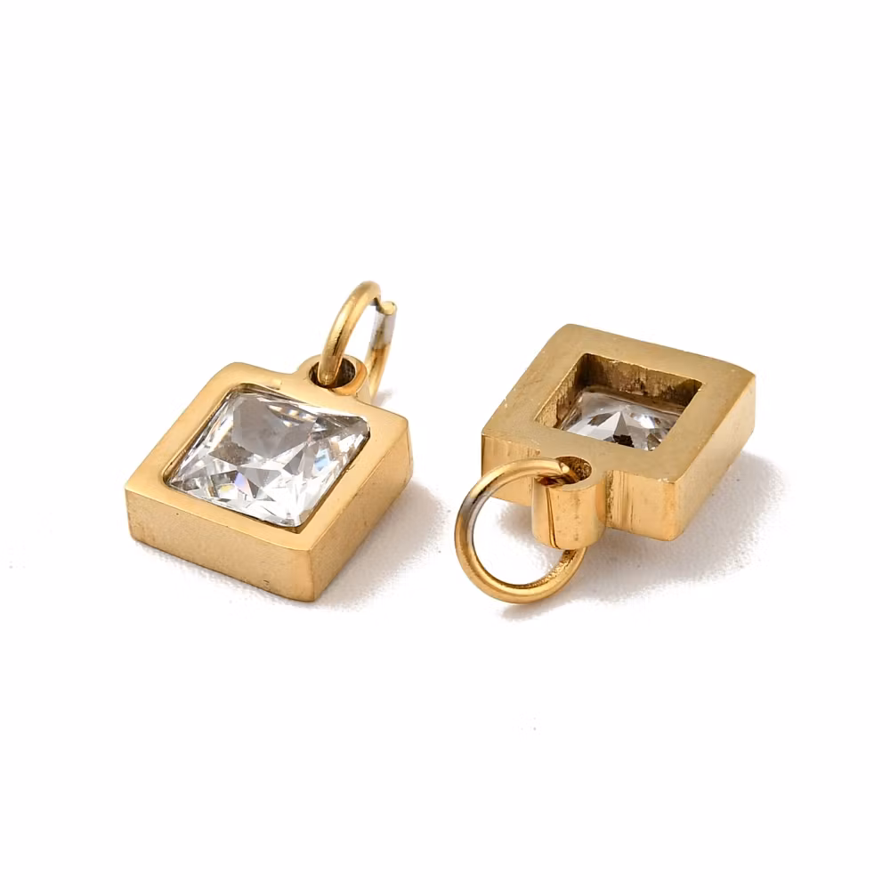 Guldfärgat rostfritt stål hänge fyrkant med cubic zirconia med PVD plätering, 1 st