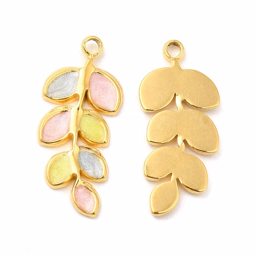 REA: Guldfärgat rostfritt stål hänge löv gul, rosa och blå, 1 st