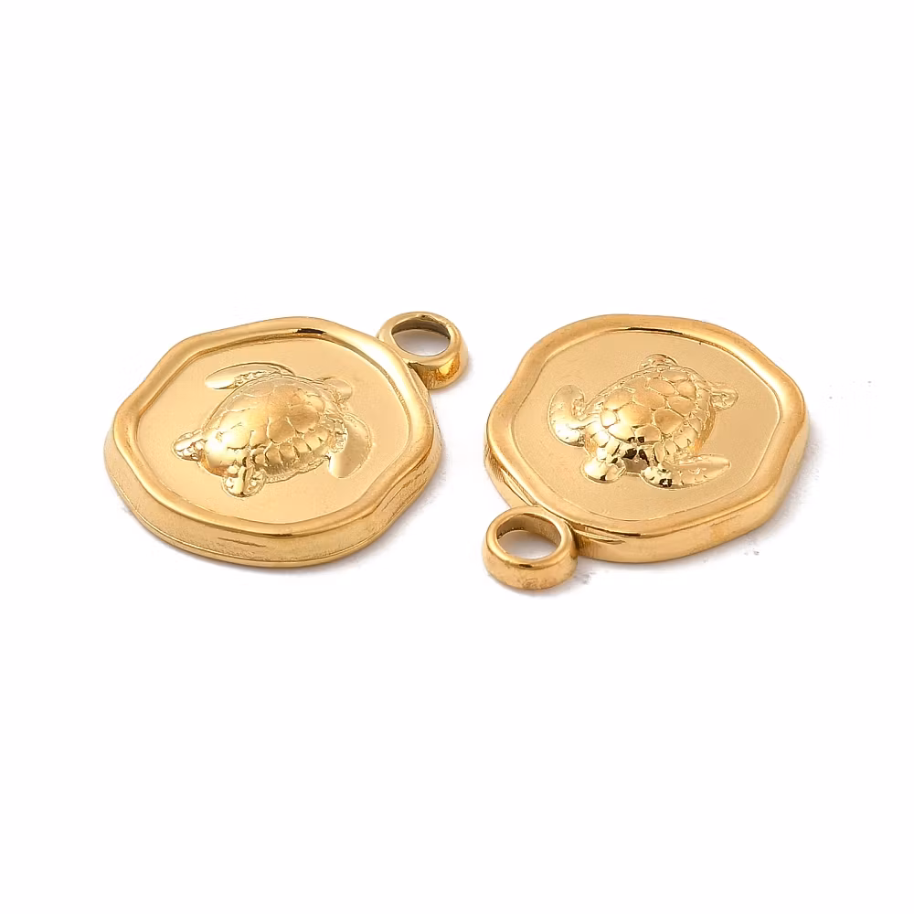 Guldfärgat rostfritt stål rund sköldpadda med PVD plätering, 1 st