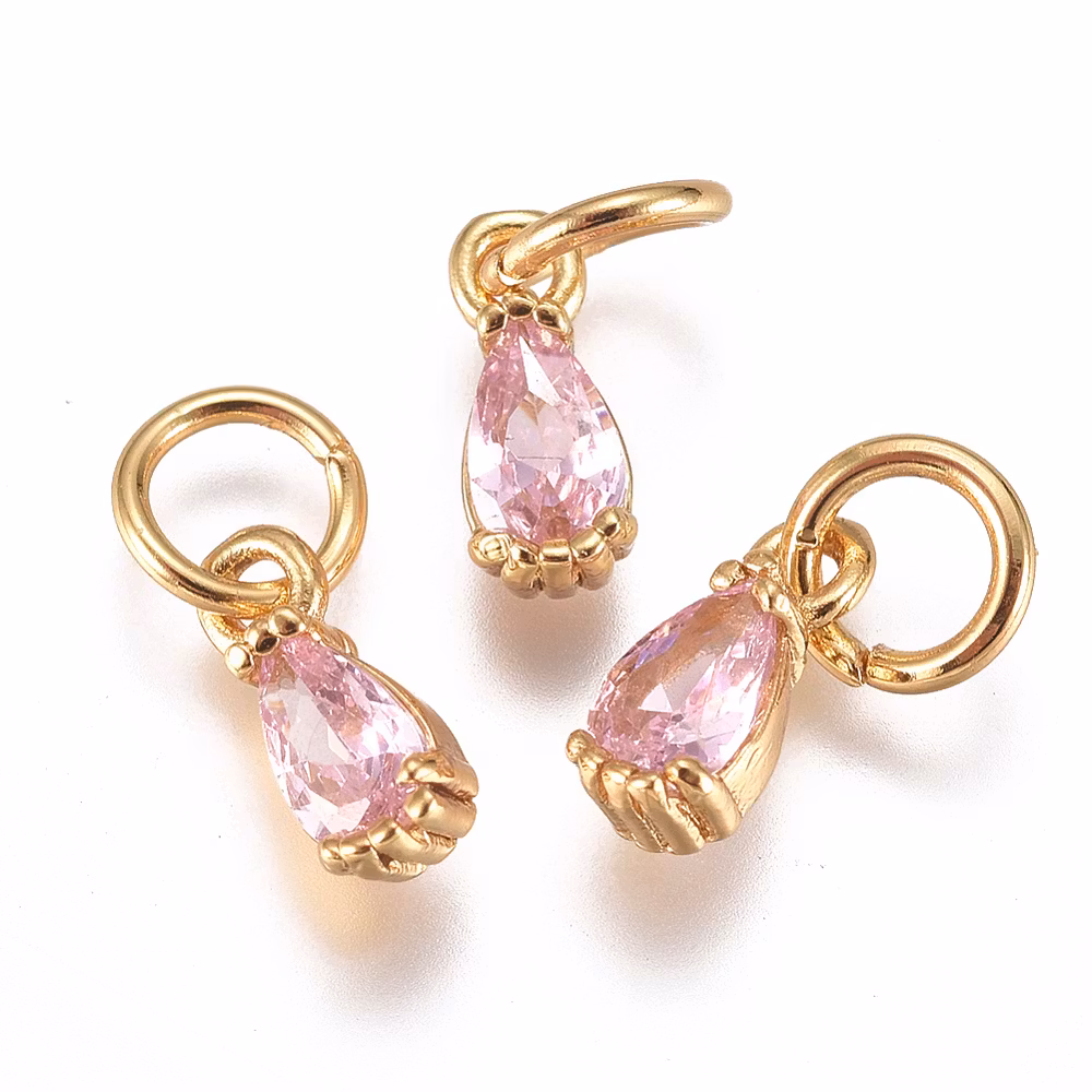 Guldfärgad berlock cubic zirconia droppe ljusrosa, 1 st