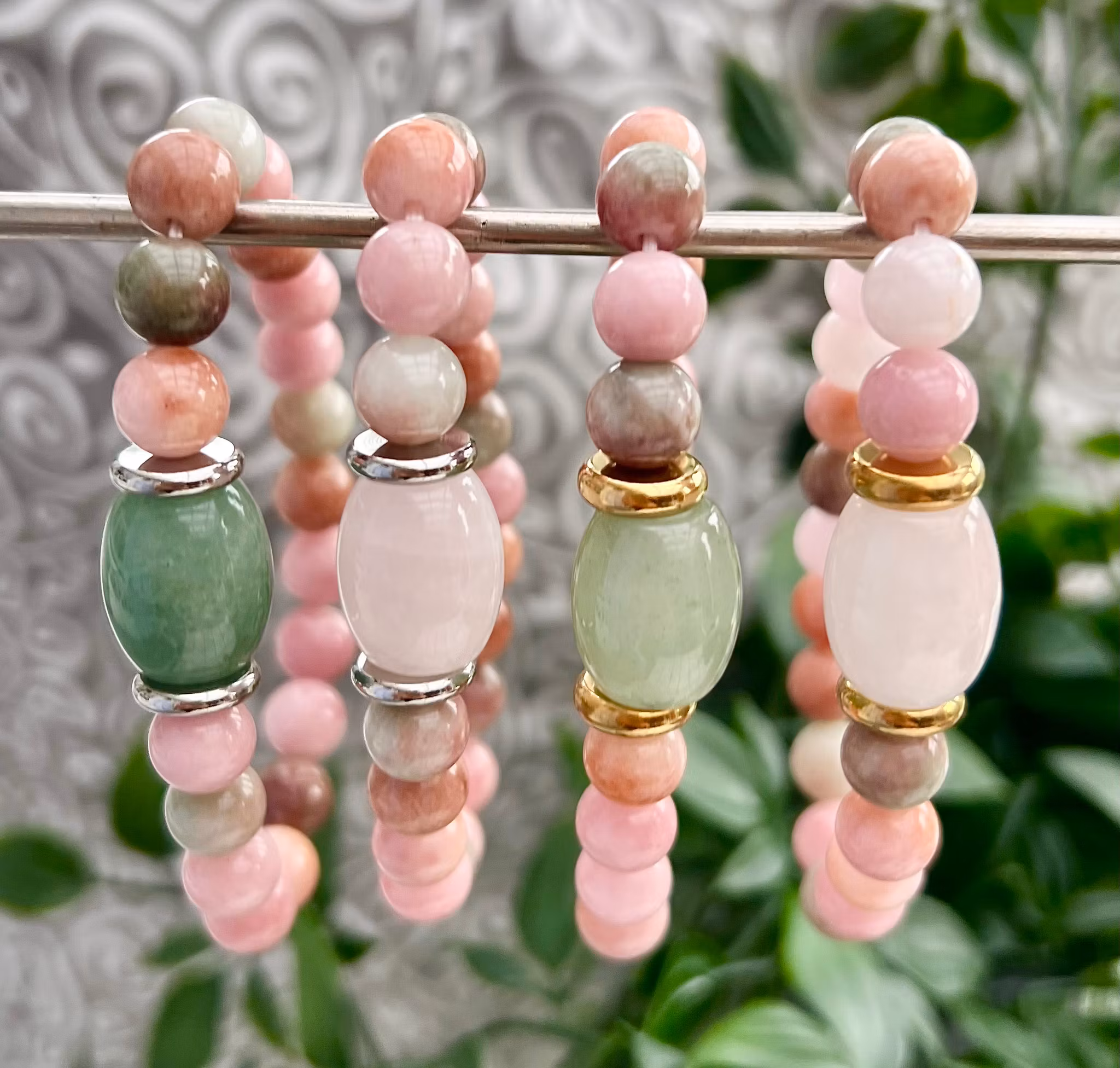 Jade 8 mm rosa & grönmelerade, 1 sträng