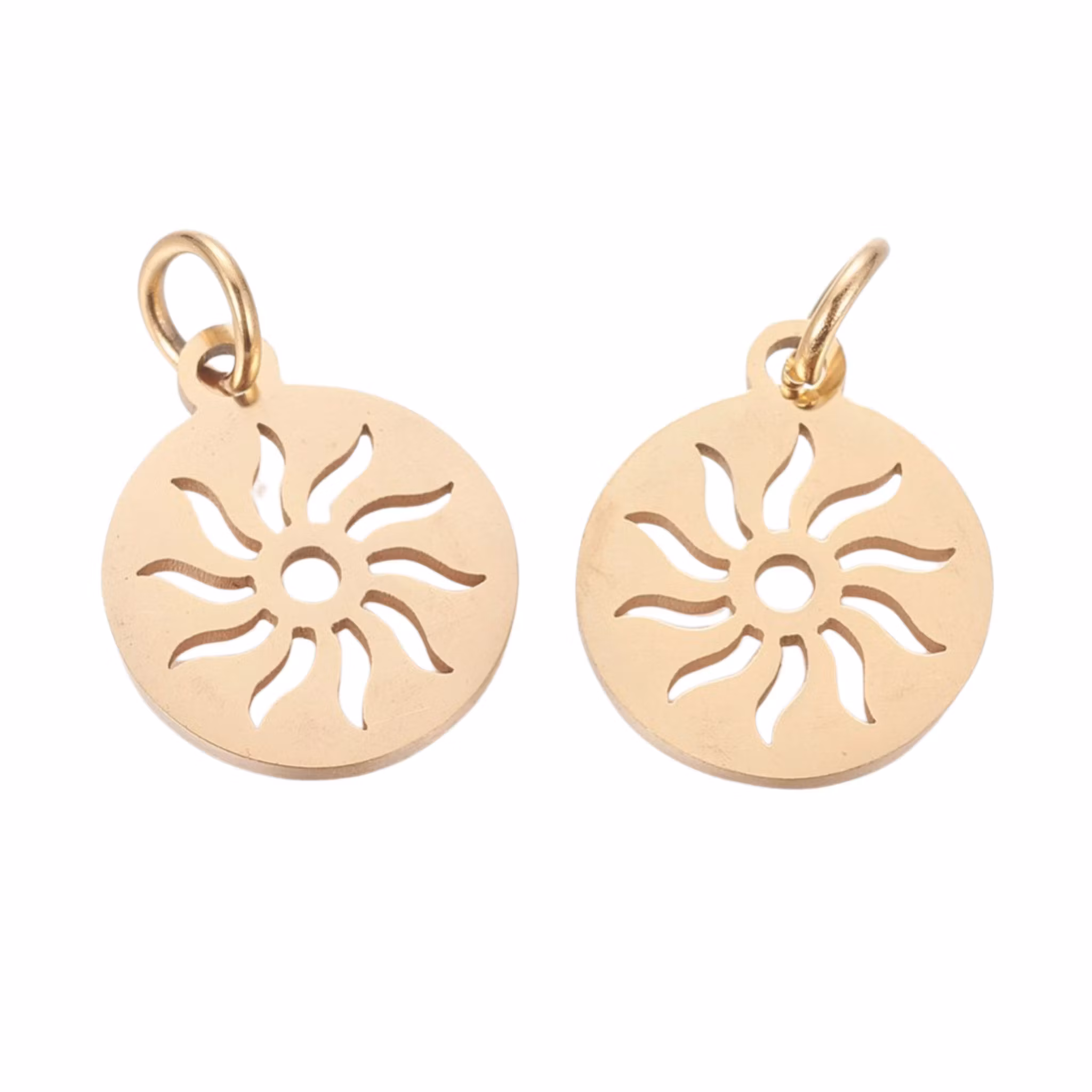 Guldfärgat rostfritt berlock rund med sol och PVD plätering, 1 st