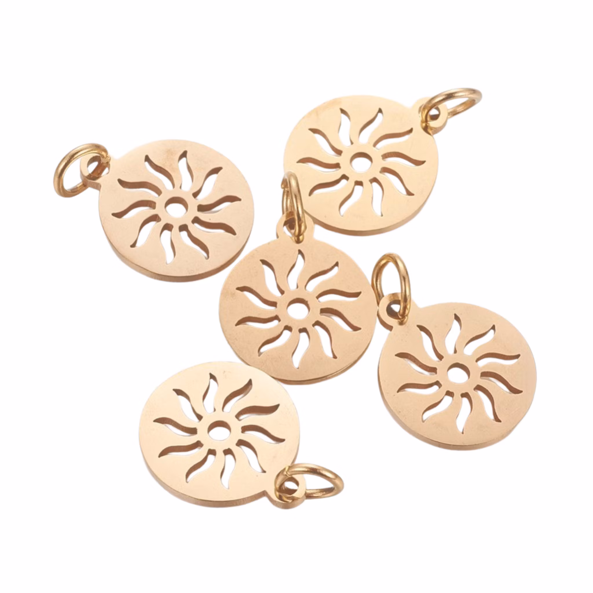 Guldfärgat rostfritt berlock rund med sol och PVD plätering, 1 st