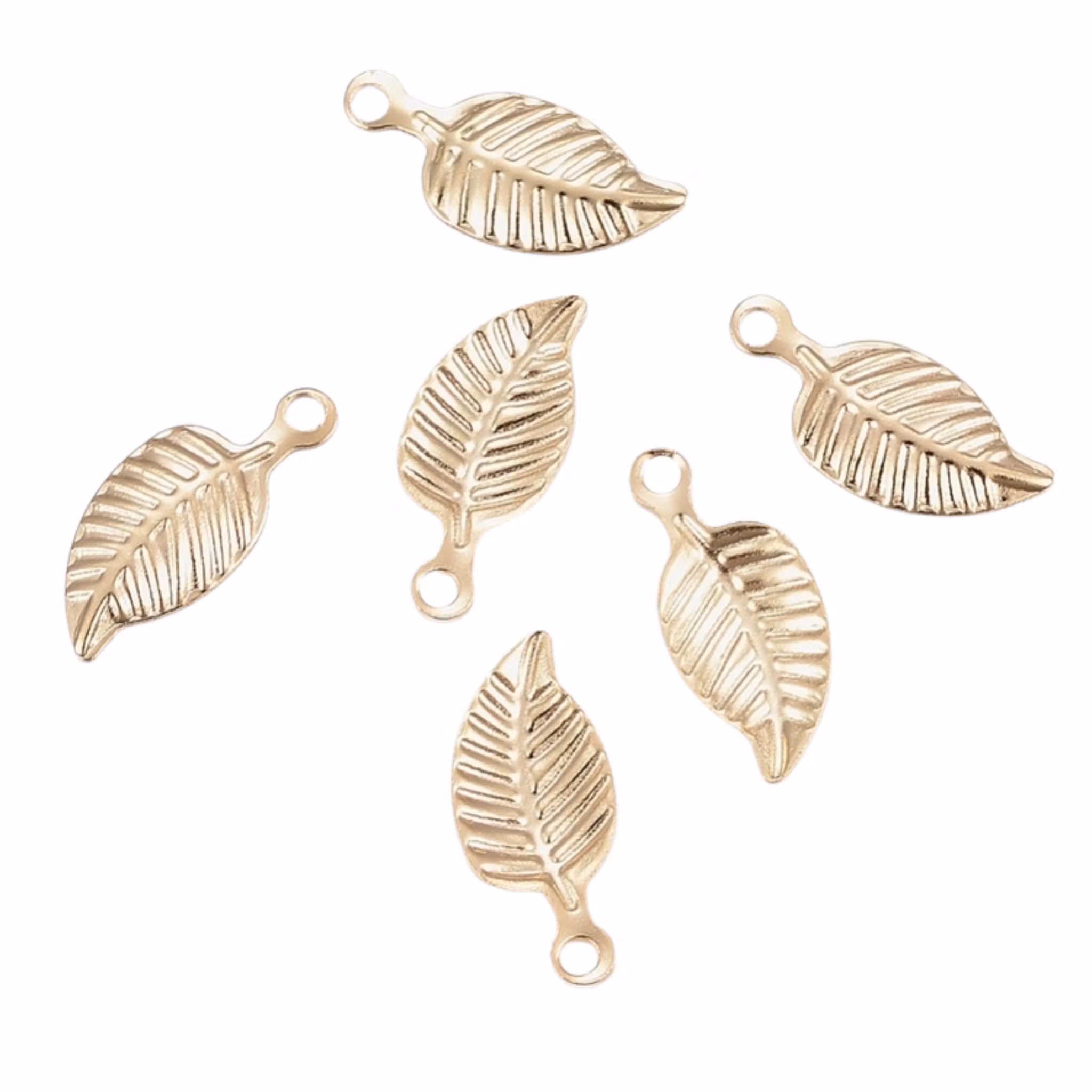 Guldfärgat rostfritt stål berlocker små löv, 10 st