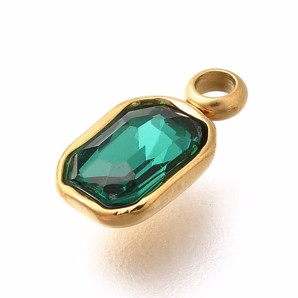 Guldfärgat rostfritt stål berlock rektangel grön med PVD plätering, 1 st