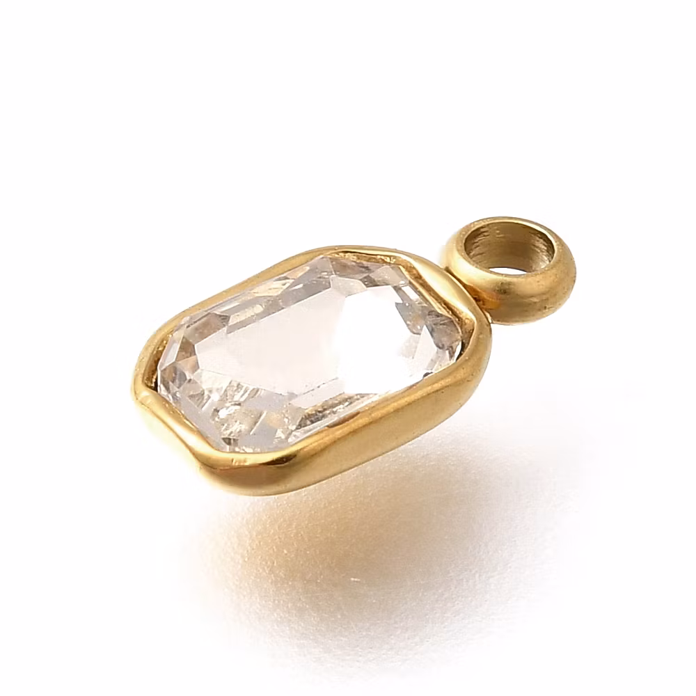 Guldfärgat rostfritt stål berlock rektangel glas med PVD plätering, 1 st