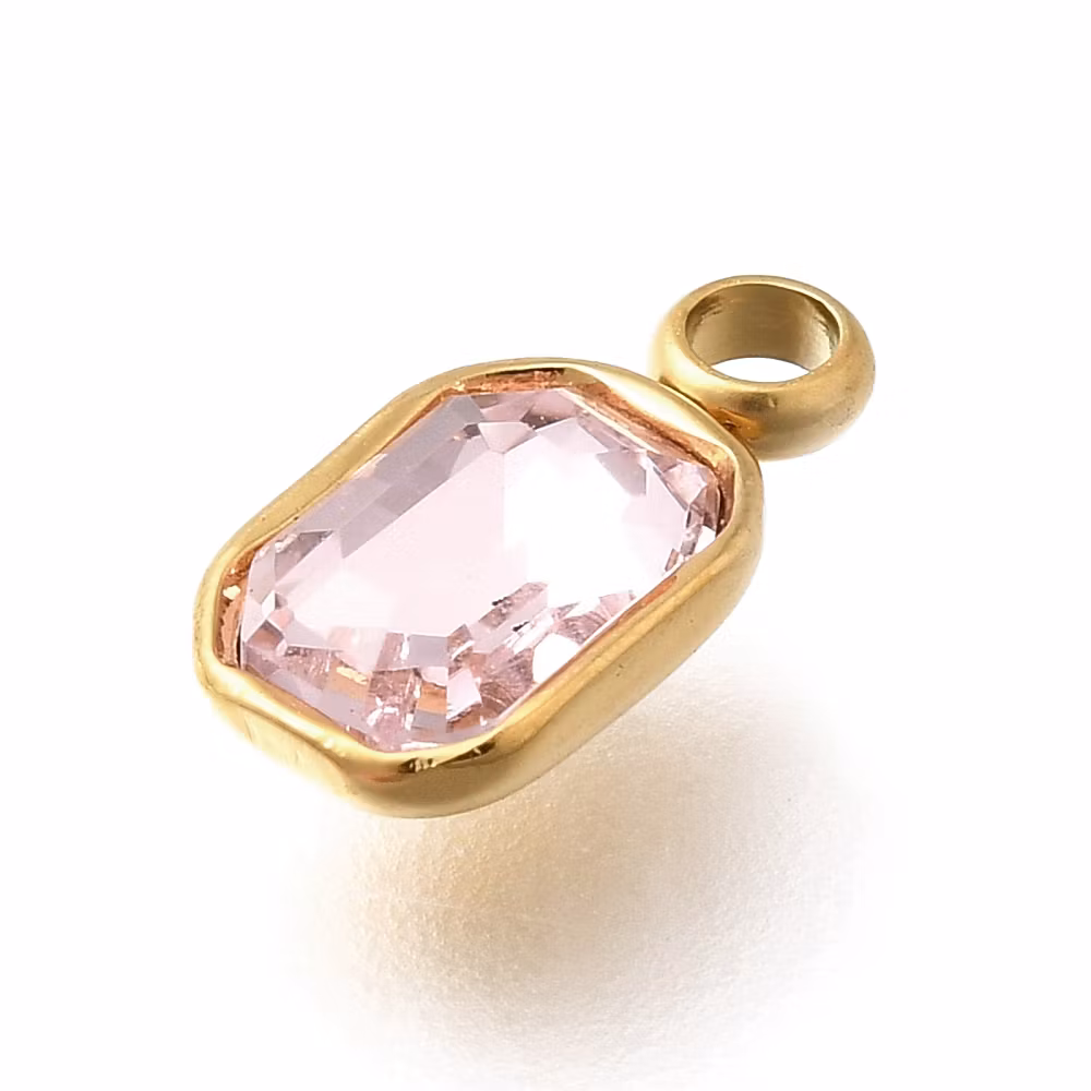 Guldfärgat rostfritt stål berlock rektangel ljusrosa med PVD plätering, 1 st