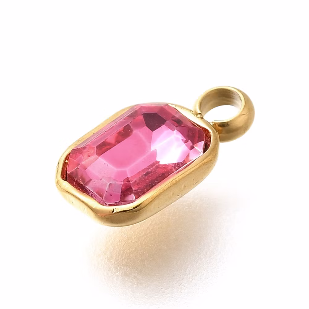 Guldfärgat rostfritt stål berlock rektangel cerise med PVD plätering, 1 st