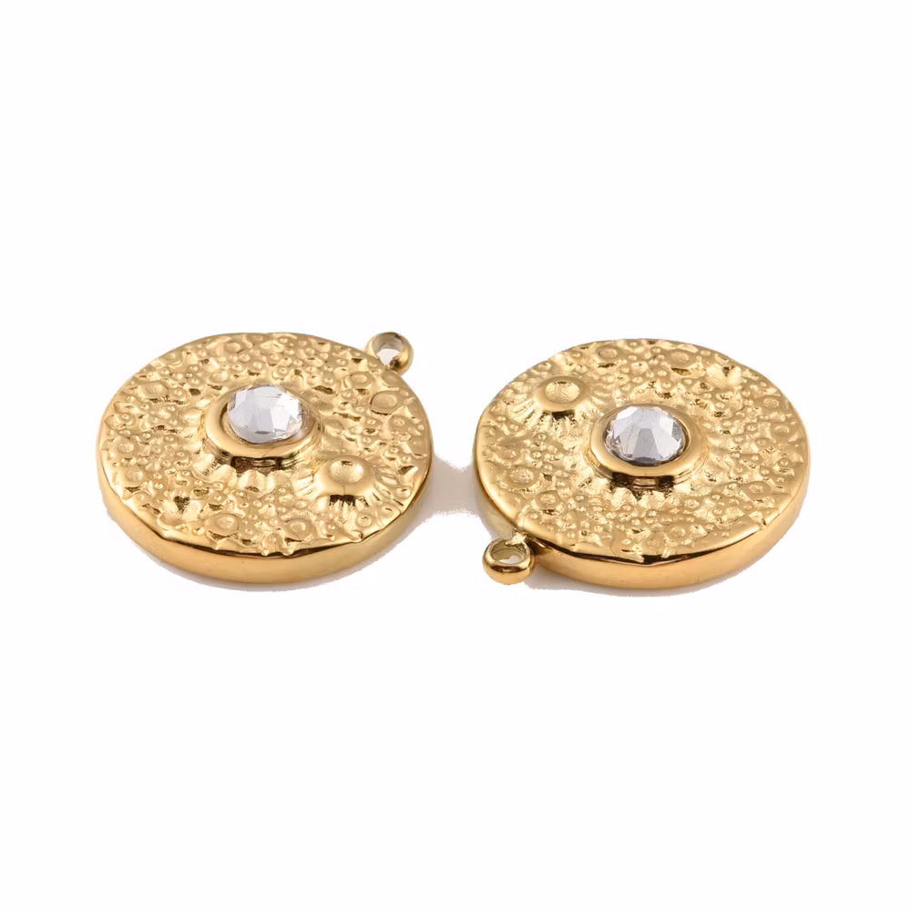 Guldfärgat rostfritt stål runt hänge med strass och sol, PVD plätering, 1 st