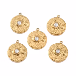 Guldfärgat rostfritt stål runt hänge med strass och sol, PVD plätering, 1 st