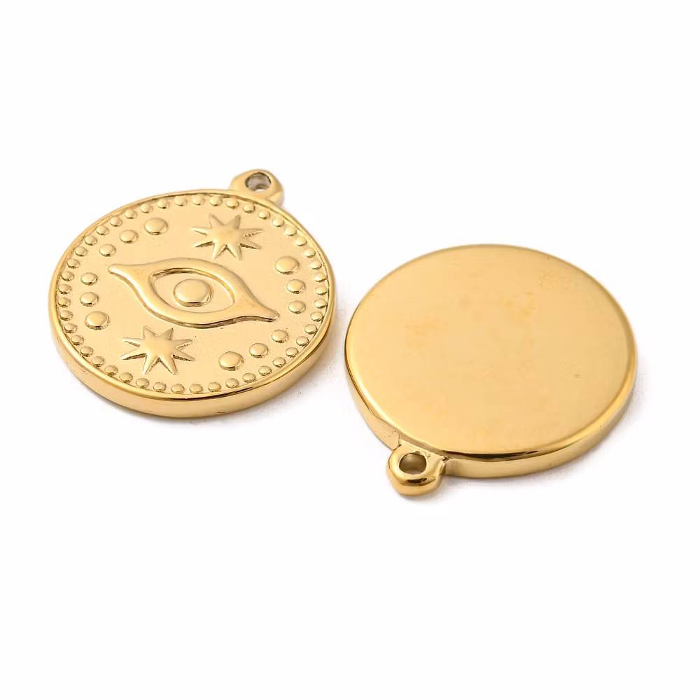 Guldfärgat rostfritt stål hänge evil eye med PVD plätering, 1 st