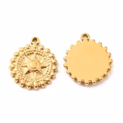 Guldfärgat rostfritt stål berlock rund med stjärna och PVD plätering, 1 st