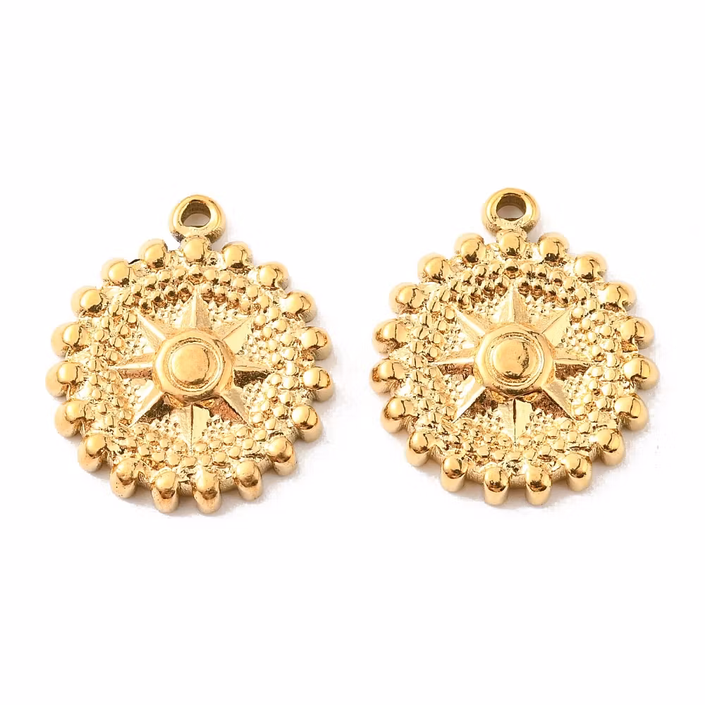 Guldfärgat rostfritt stål berlock rund med stjärna och PVD plätering, 1 st